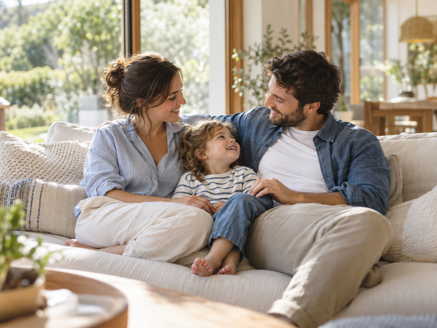 Aydınlık bir evde birlikte vakit geçiren aile